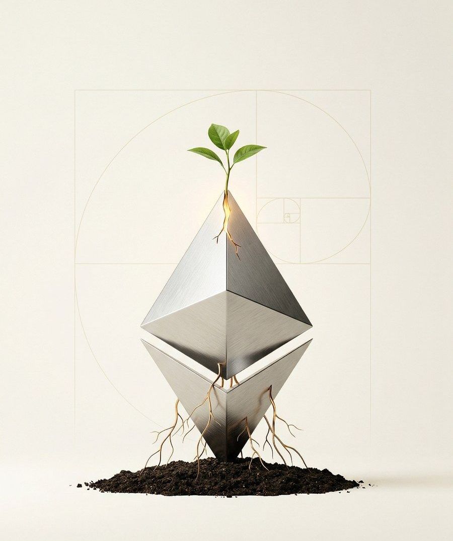 Ethereum diamond with green sprout and golden roots — Productive Money cover